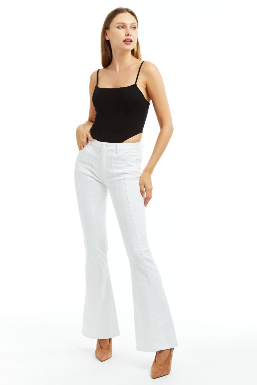 Women Tractr Flare | Mid Rise Sexy Flare Front Panel Jean In White