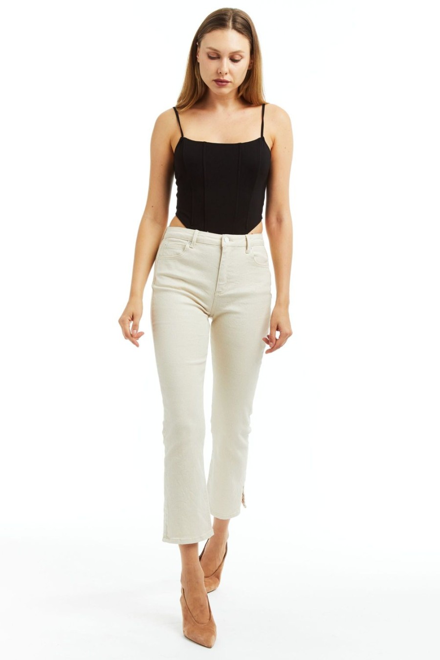 Women Tractr Ankle Length | High Rise Crop Flare W Side Slit Clean Hem Stretch Lurex Twill Cream