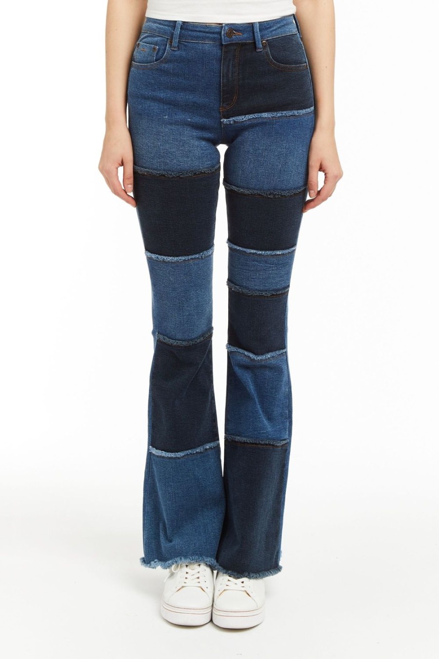 Women Tractr Flare | Denim Patchwork Sexy Flare With Fray Hem Indigo