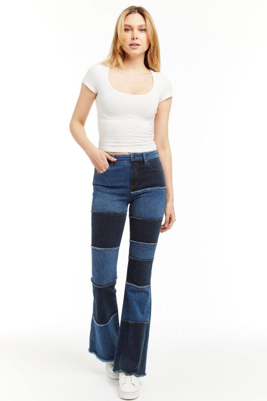 Women Tractr Flare | Denim Patchwork Sexy Flare With Fray Hem Indigo