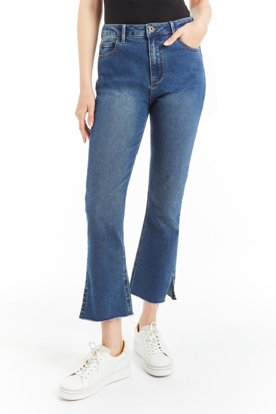 Women Tractr Ankle Length | High Rise Ankle Crop Flare With Side Slit Fray Hem Indigo