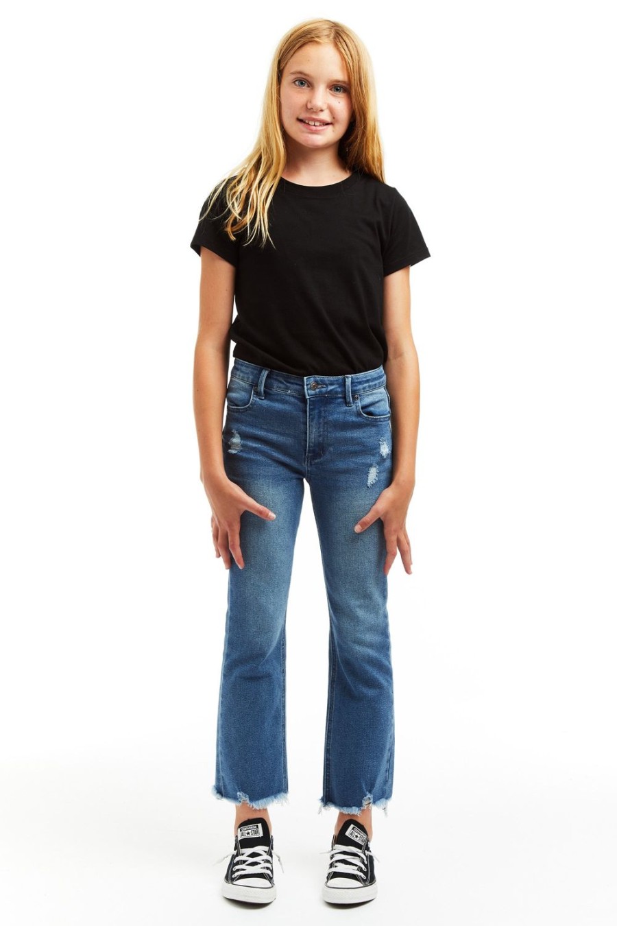 Girls Tractr Ankle Length | High Rise Crop Flare With Destructed Fray Hem