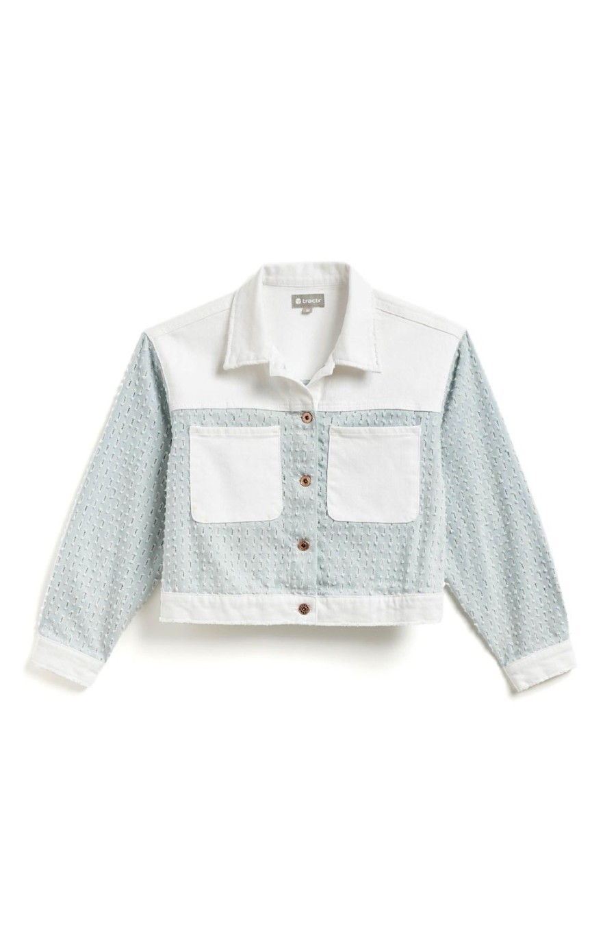 Girls Tractr Denim | Needle Punch Color Block Jacket Indigo White