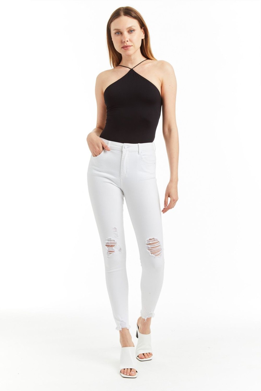 Women Tractr Ankle Length | Diane - Destructed Crop Skinny In White