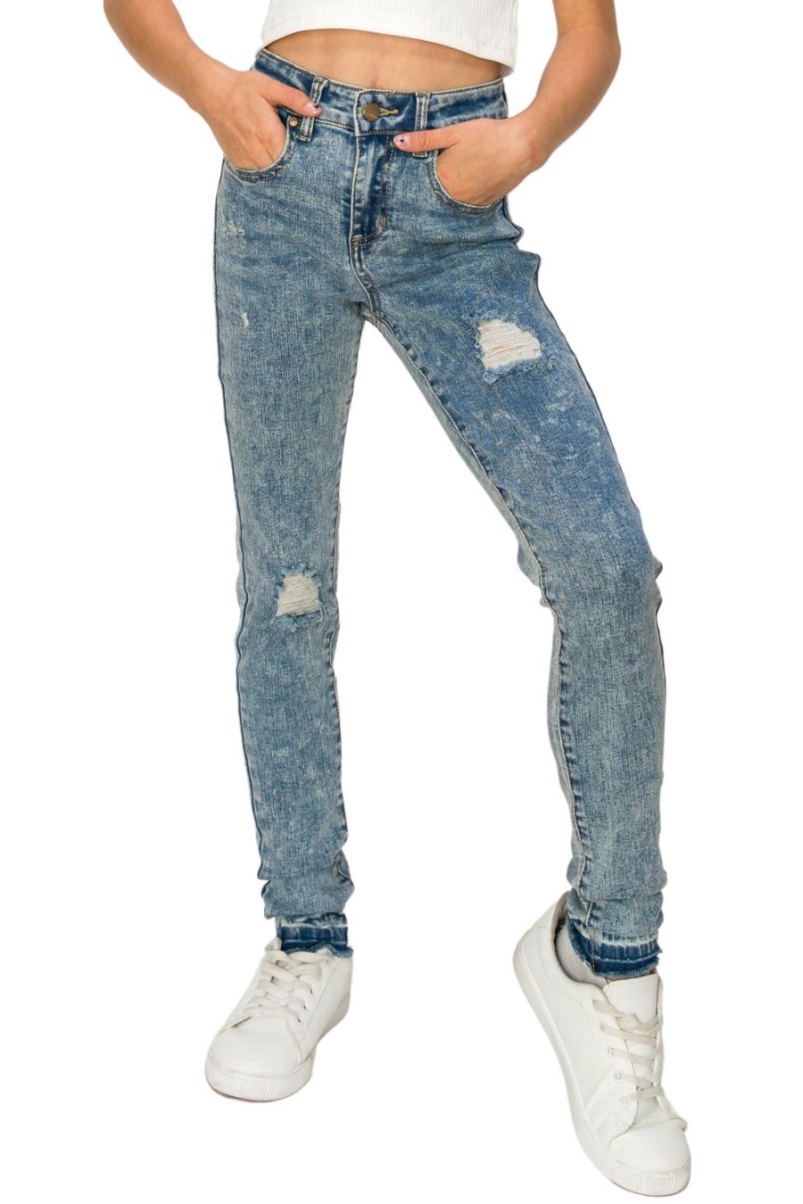 Girls Tractr Distressed | Nina - High Rise Skinny With Destruction And High Release Hem Indigo