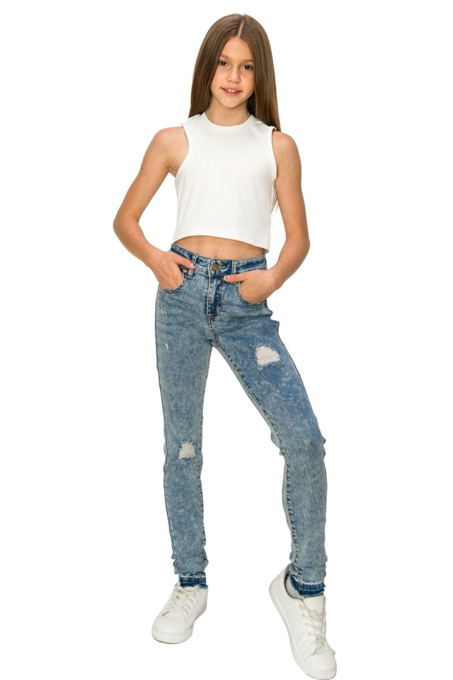 Girls Tractr Distressed | Nina - High Rise Skinny With Destruction And High Release Hem Indigo