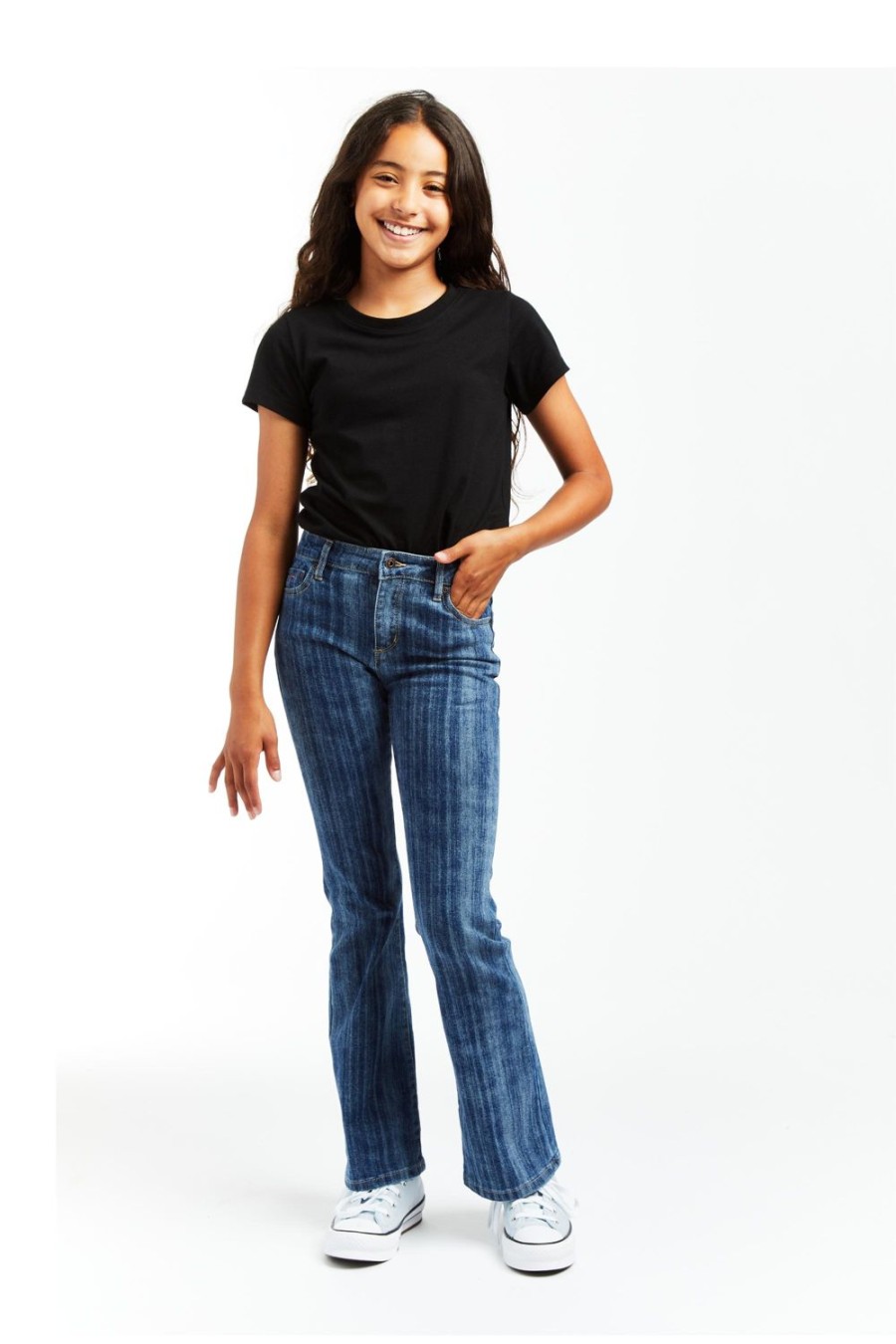 Girls Tractr Bootcut | Mid Rise Stripe Flare Indigo