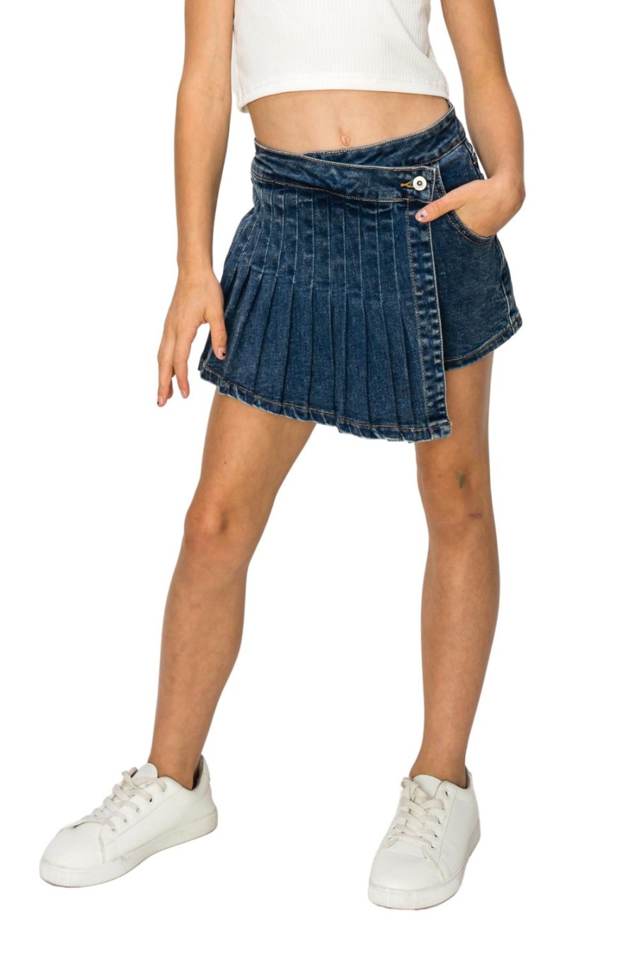 Girls Tractr Denim | Overflap Pleated Skort In Indigo