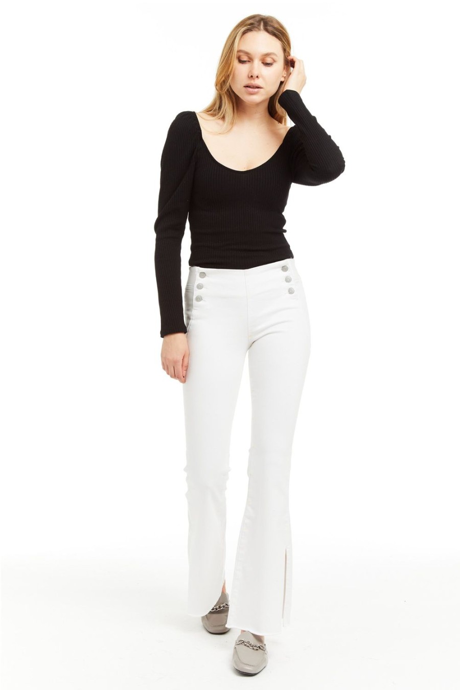 Women Tractr Flare | Front Yoke Panel Slit Flare In White