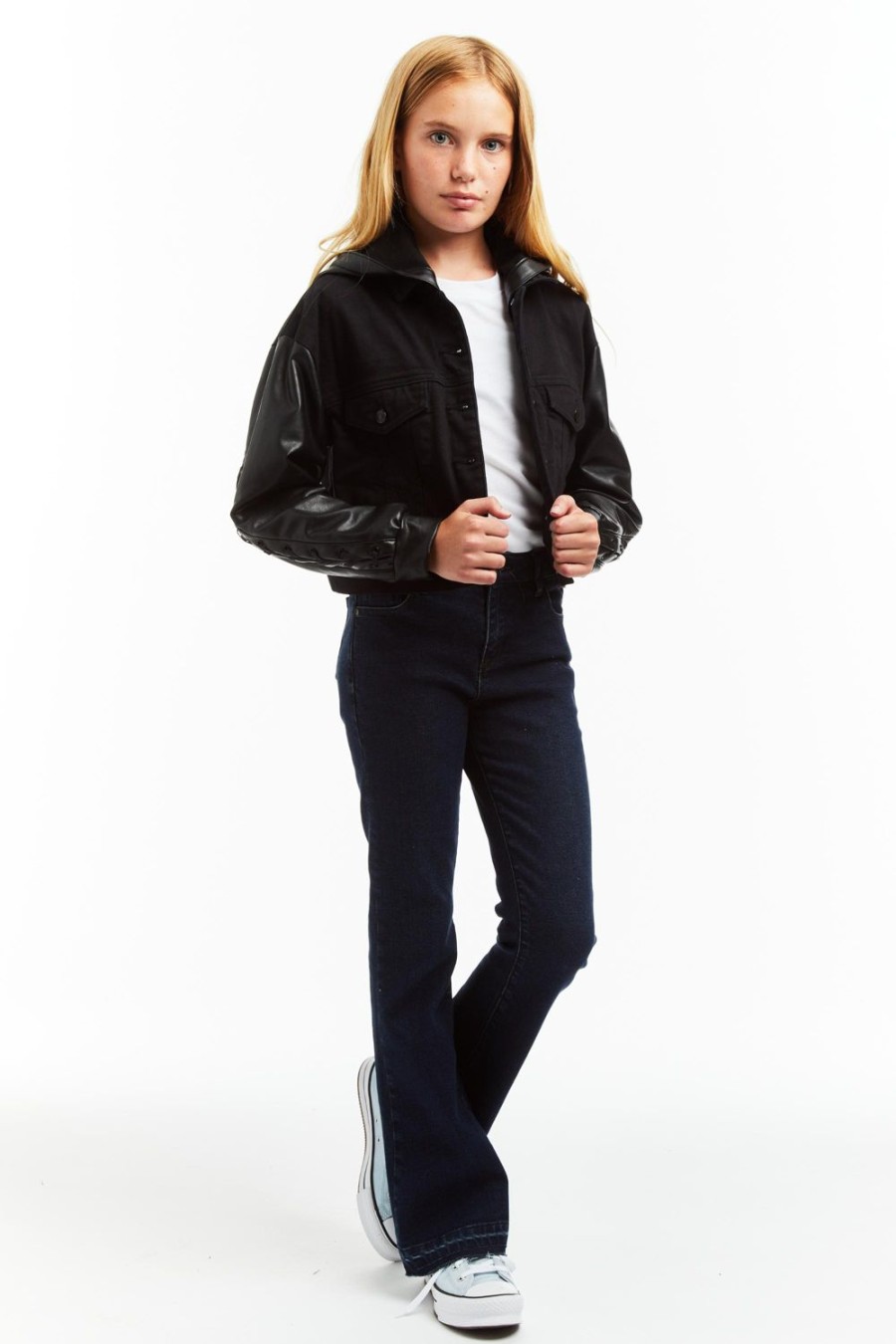 Girls Tractr Bomber | Pleather Combo Knit Crop Jacket Black