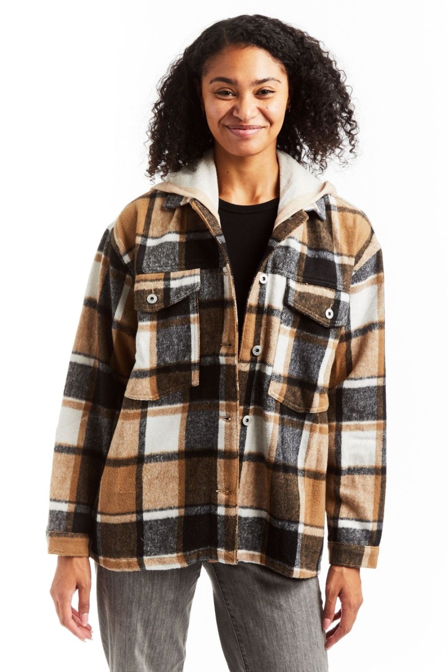 Women Tractr Hoodie | Flannel Shacket With Hood