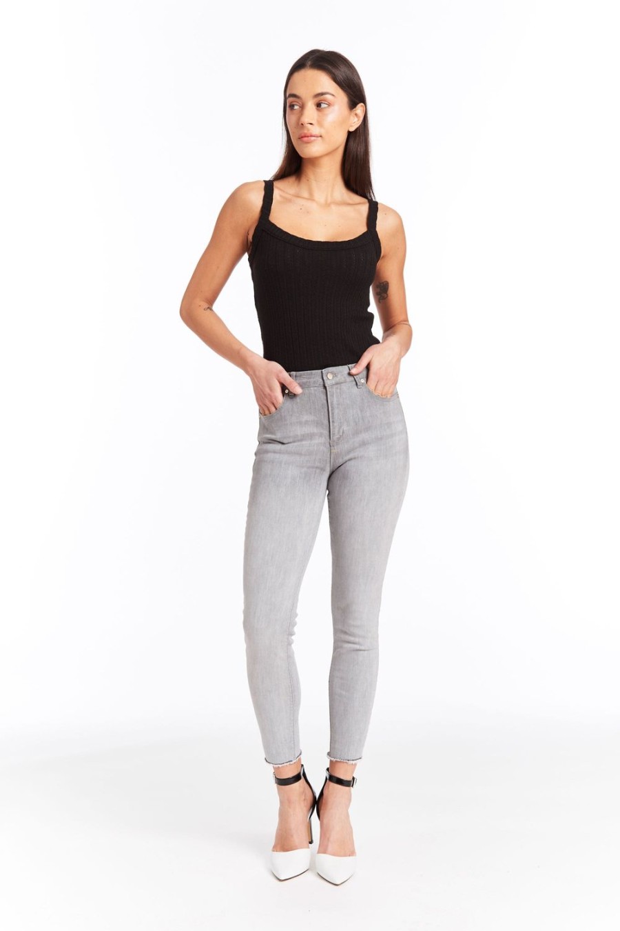 Women Tractr Ankle Length | Mona - Fray Hem Skinny Crop Grey