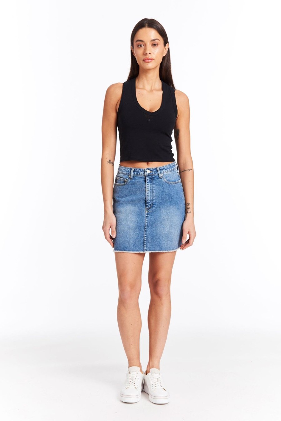 Women Tractr Mini | Lisa - Mini Skirt With Raw Edge Hem Indigo