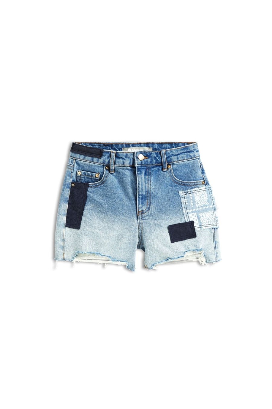 Girls Tractr Distressed | Patch Work Destructed High Shorts Indigo