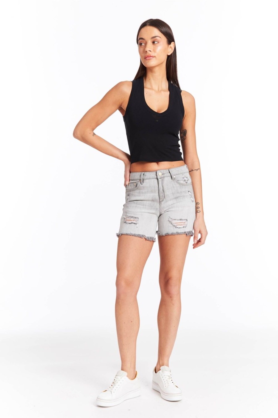 Women Tractr Cut Off | Camille - High Rise Distressed Short Grey