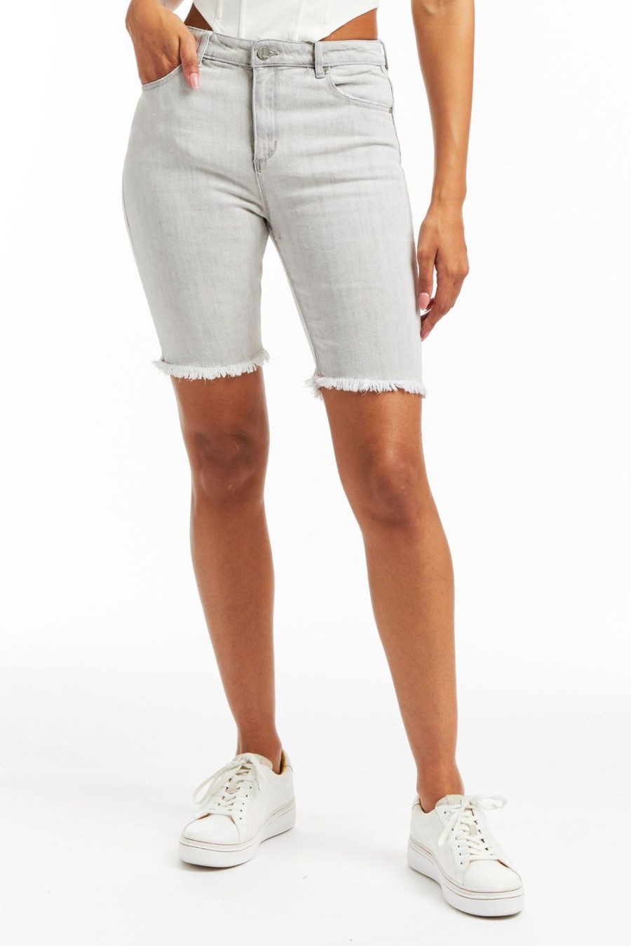 Women Tractr Bermuda | Slim Bermuda With Raw Edge Hem Grey