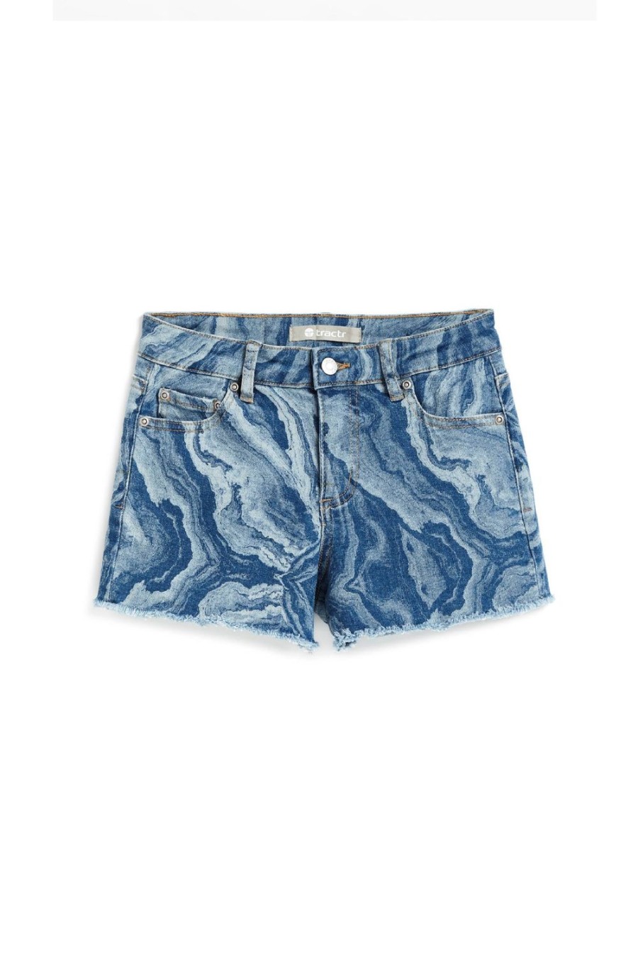 Girls Tractr Cut Off | Marble Printed Fray Hem Shorts Indigo