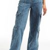 Women Tractr Cargo | High Rise Double Cargo Wide Leg Medium Wash