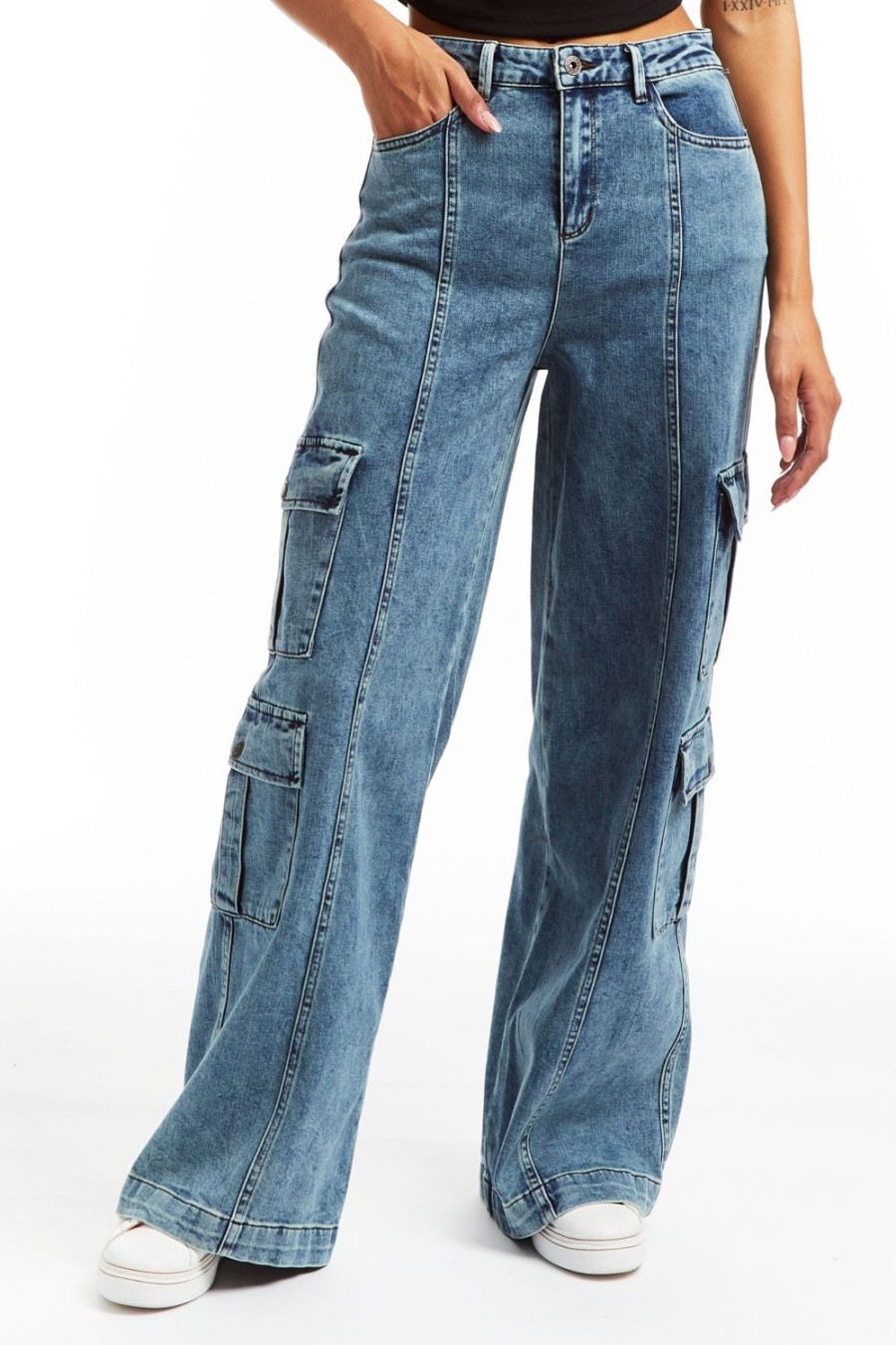 Women Tractr Cargo | High Rise Double Cargo Wide Leg Medium Wash