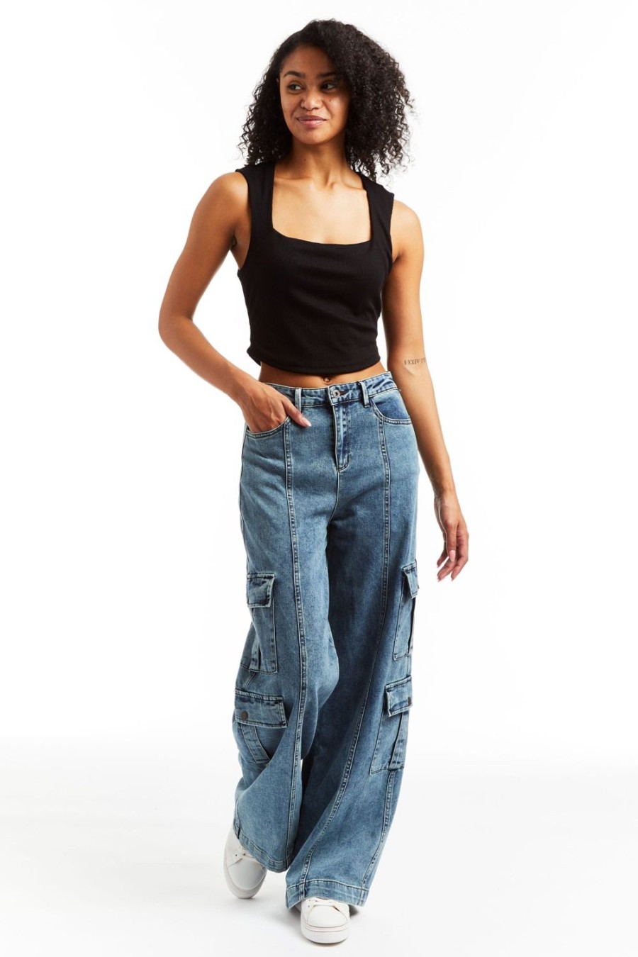 Women Tractr Cargo | High Rise Double Cargo Wide Leg Medium Wash