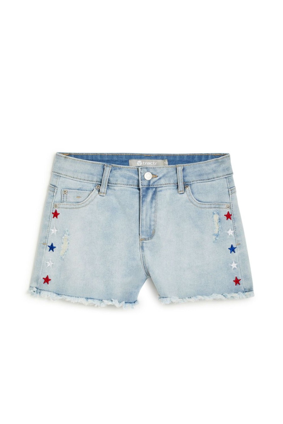 Girls Tractr Cut Off | Brittany - Usa Star Print Embroidery Short With Fray Hem Light Indigo