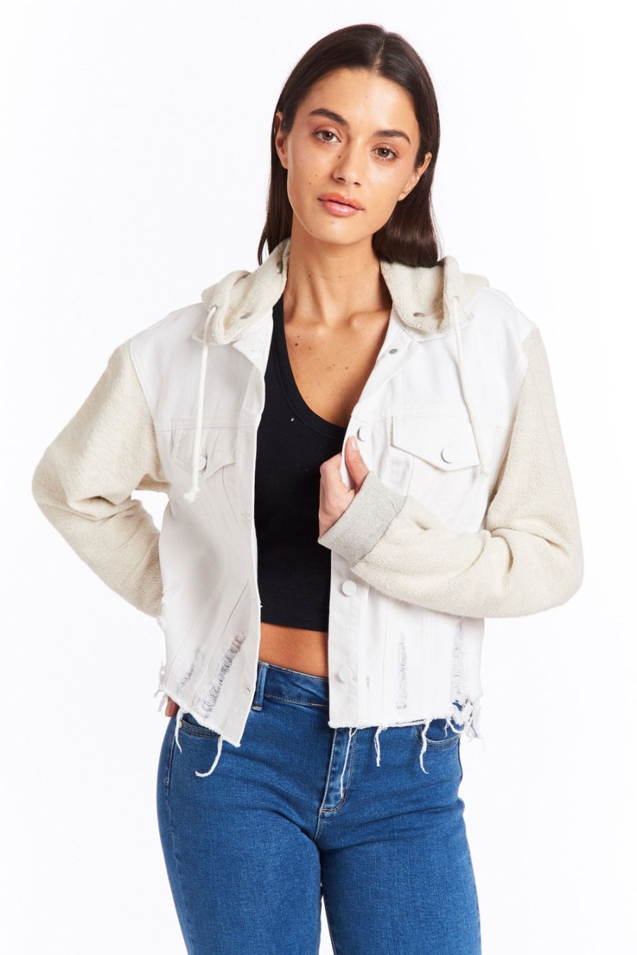 Women Tractr Denim | Denim Knit Combo Crop Jacket In White