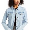 Women Tractr Denim | Loretta - Basic Denim Jacket With Frays Light Indigo