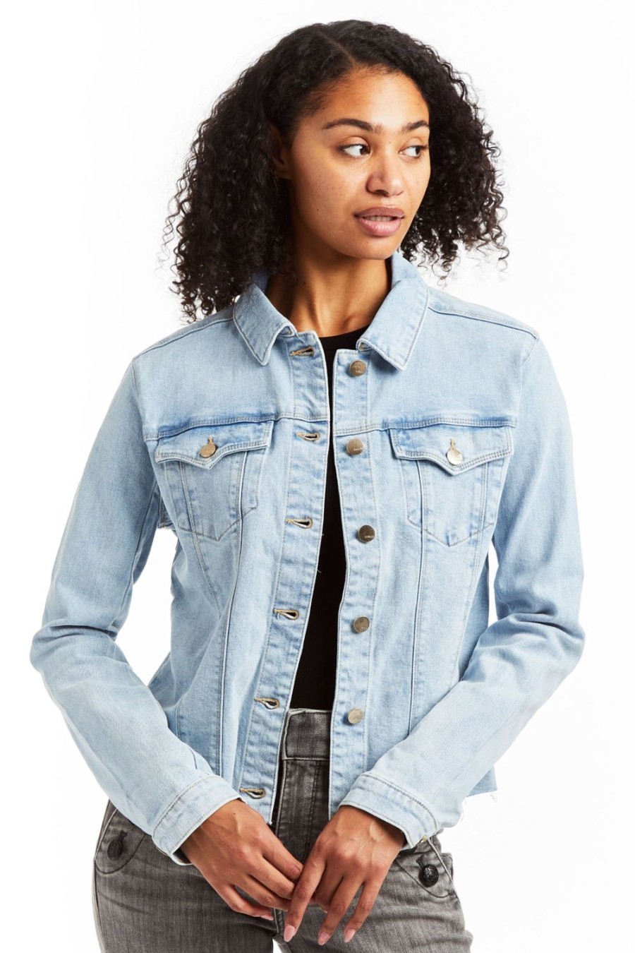 Women Tractr Denim | Loretta - Basic Denim Jacket With Frays Light Indigo