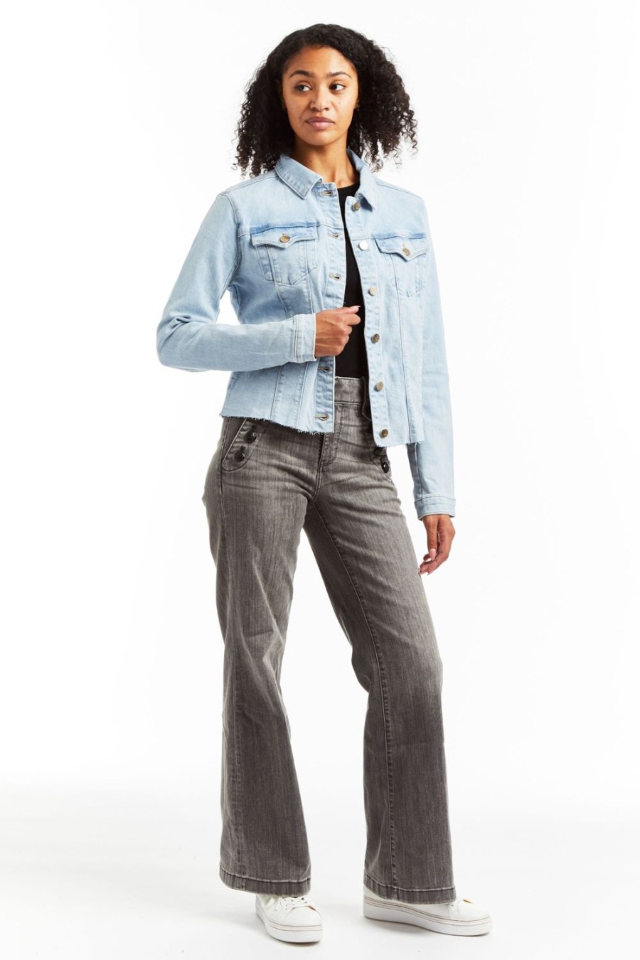 Women Tractr Denim | Loretta - Basic Denim Jacket With Frays Light Indigo