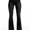 Women Tractr Flare | High Rise Front Zip Pocket Sexy Flare With Slit Fray Hem - Black Wash Grey