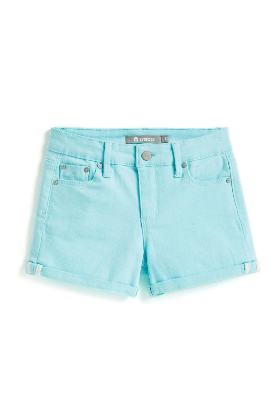 Girls Tractr Mid Rise | 5 Pkt Basic Mini Roll Shorts In | Tractr Tiffany Blue