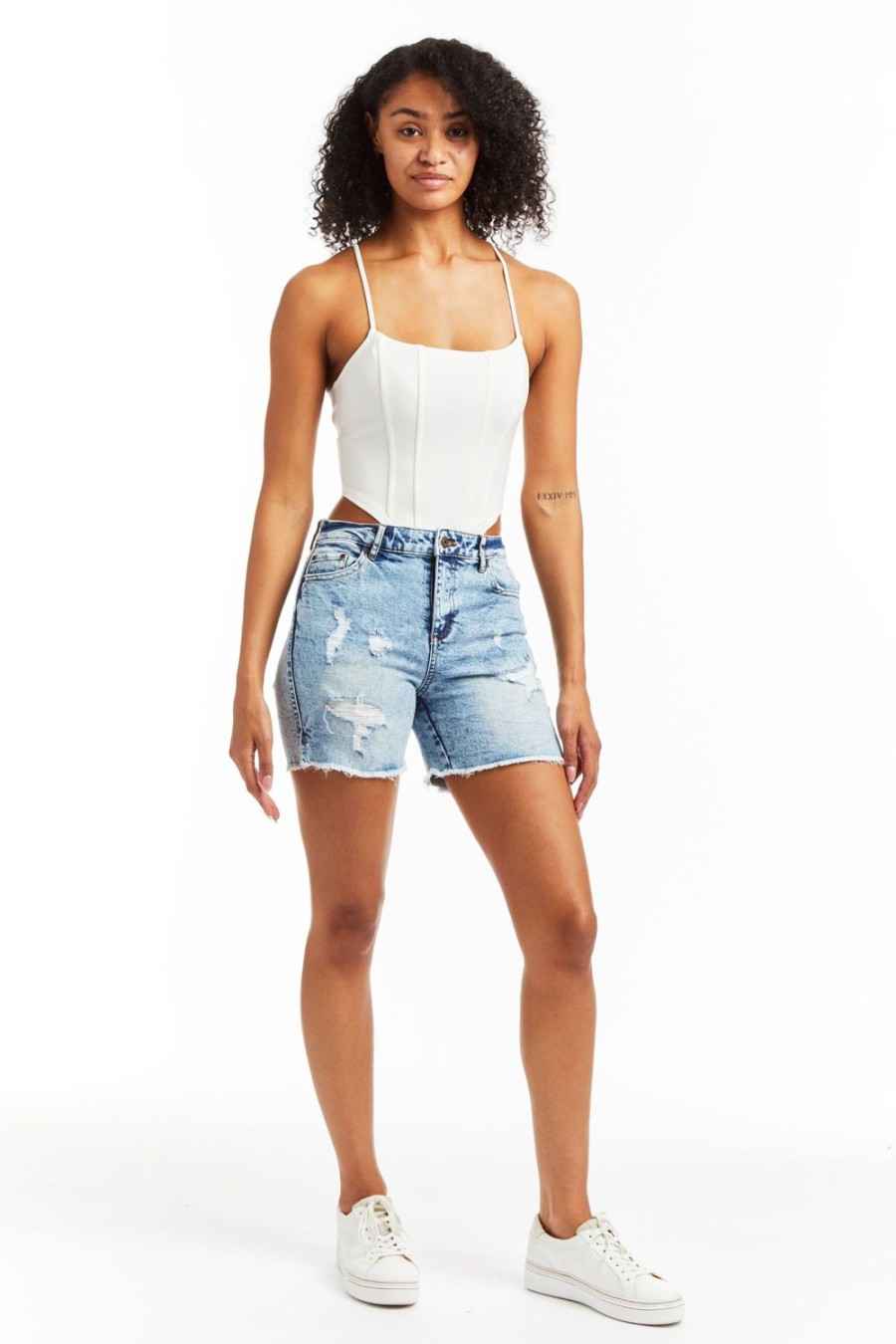 Women Tractr Cut Off | Camille Destructed Side Slit Fray Hem Shorts Indigo