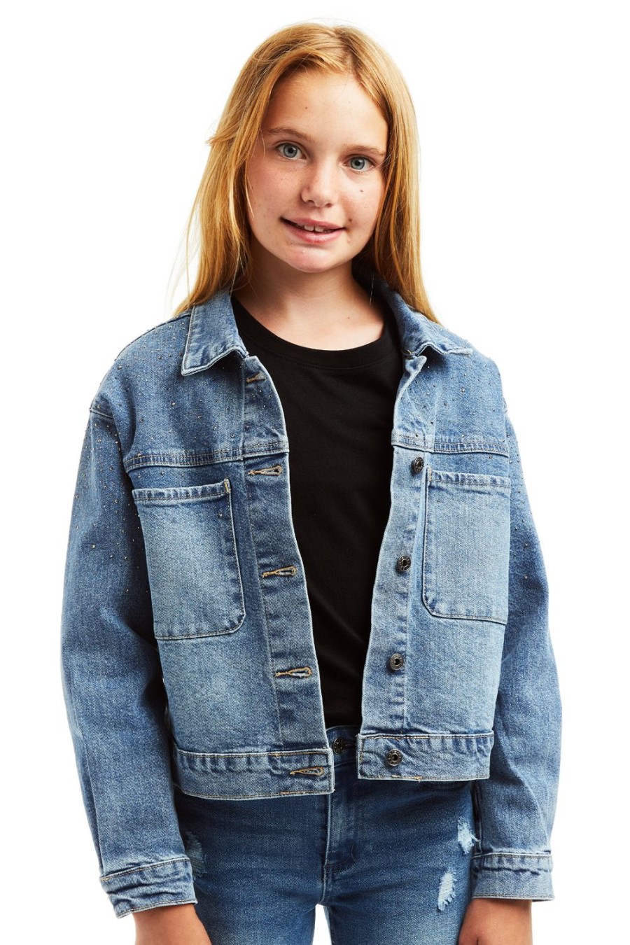 Girls Tractr Denim | Ombre Stud Patch Pocket Trucker Jacket Indigo