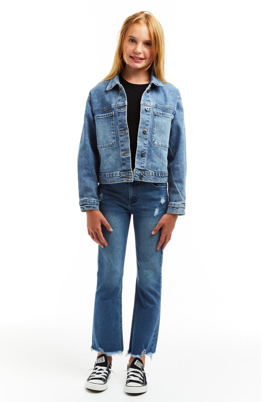 Girls Tractr Denim | Ombre Stud Patch Pocket Trucker Jacket Indigo