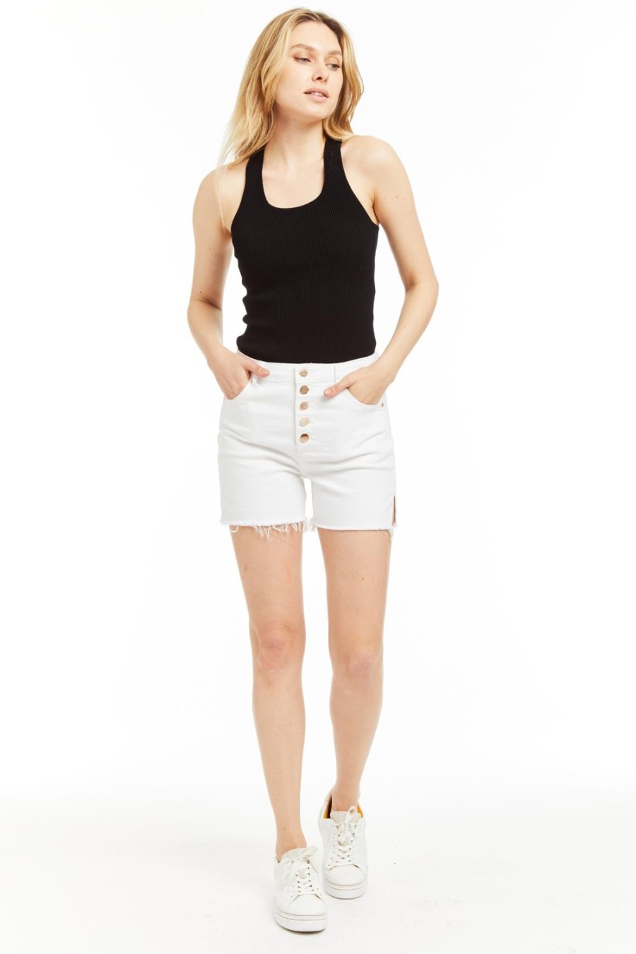 Women Tractr Cut Off | Hampton - High Rise Side Slit Short With Raw Edge Hem In White