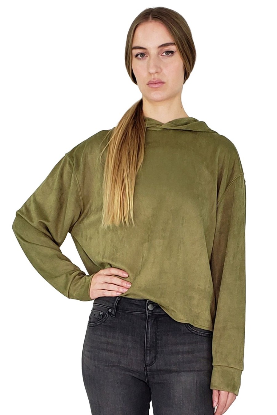 Women Tractr Hoodie | Pull Over Suede Hoodie Olive