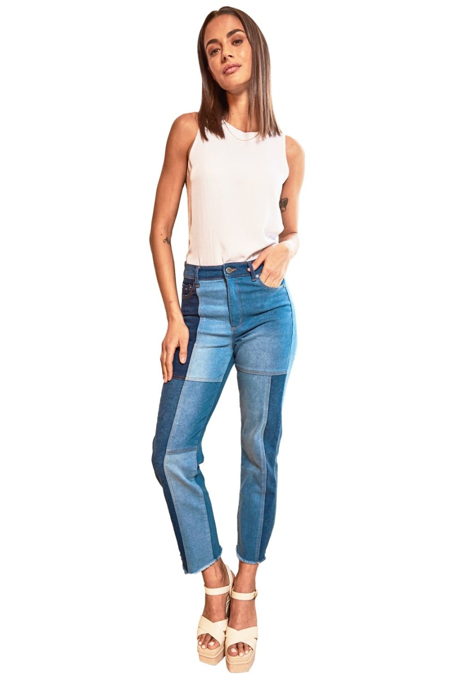 Women Tractr High Rise | Weekender - Patch Work Jean With Fray Hems Indigo