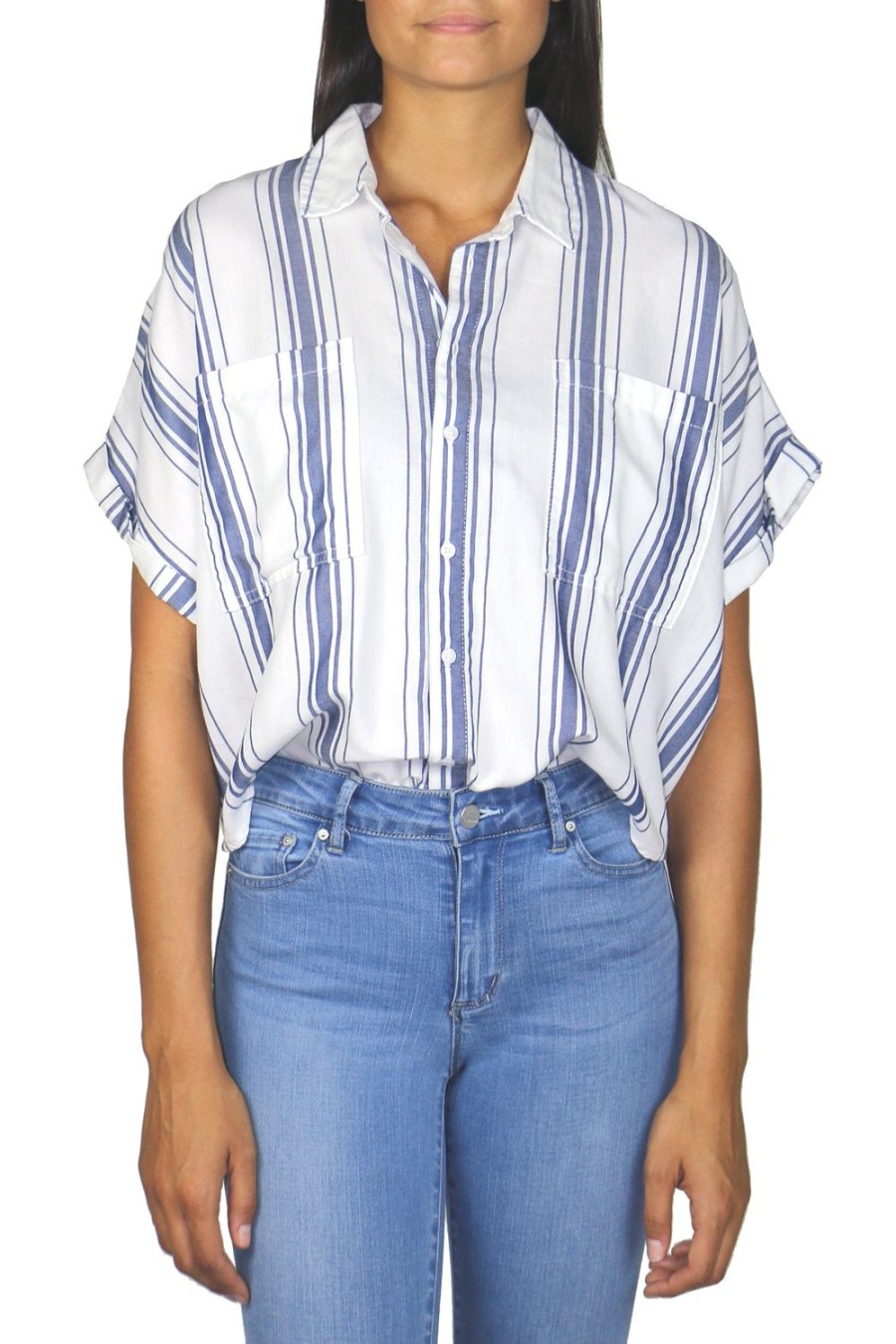 Women Tractr Shirt | Short Sleeve Popover Shirt White/Blue