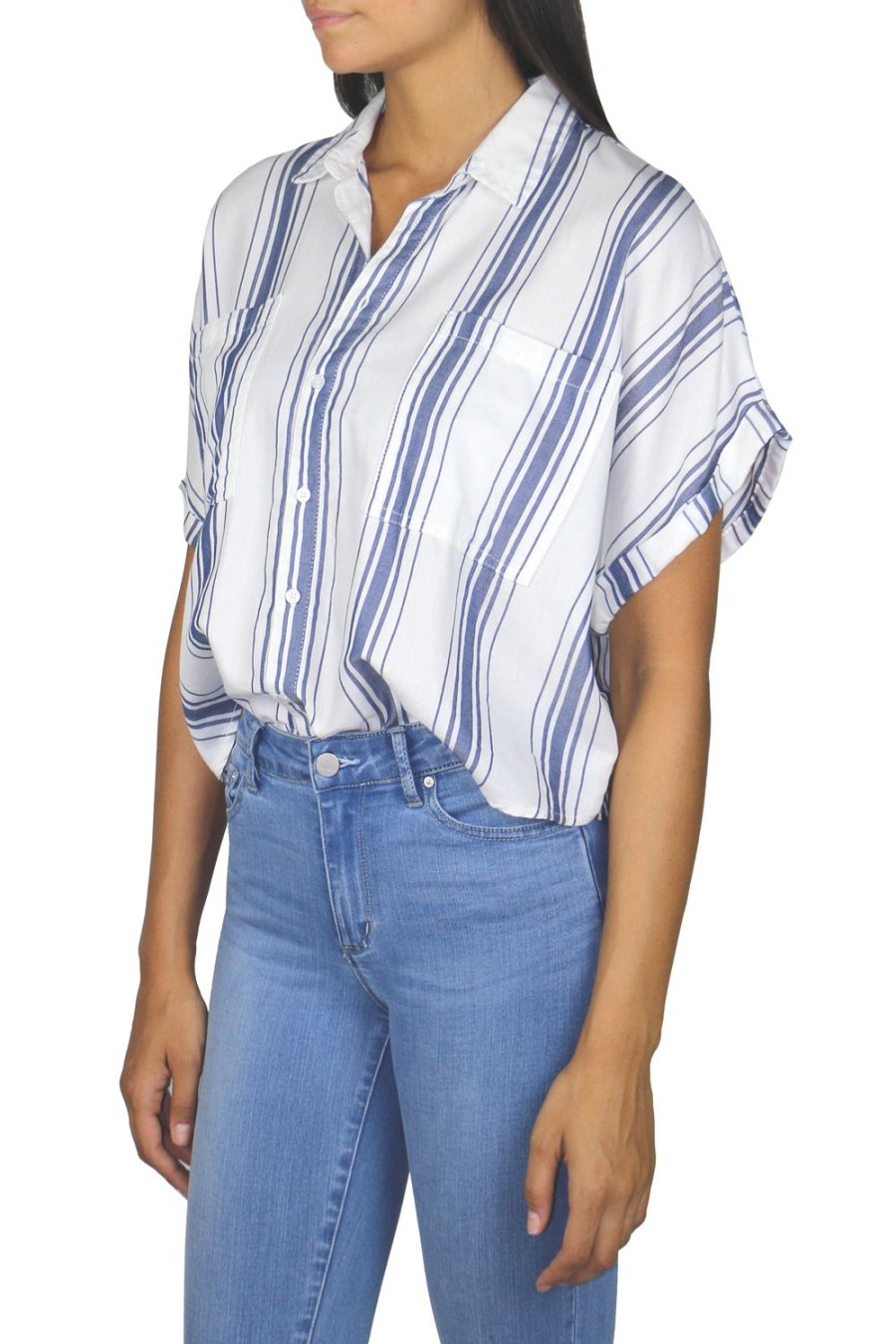 Women Tractr Shirt | Short Sleeve Popover Shirt White/Blue