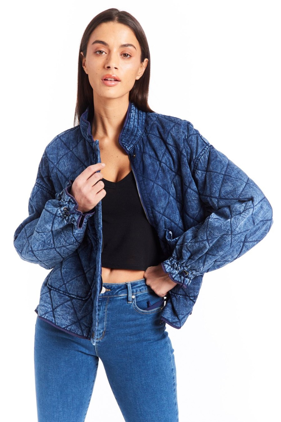 Women Tractr Quilted | Diamond Quilted Reversible Denim Jacket Indigo