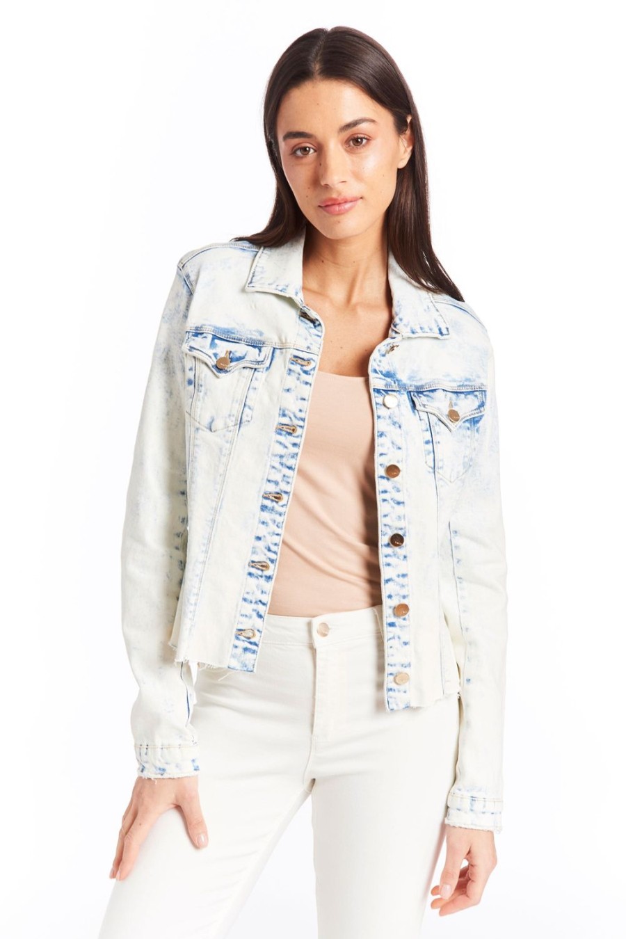 Women Tractr Denim | Loretta - Basic Denim Jacket With Fray Hems Light Indigo