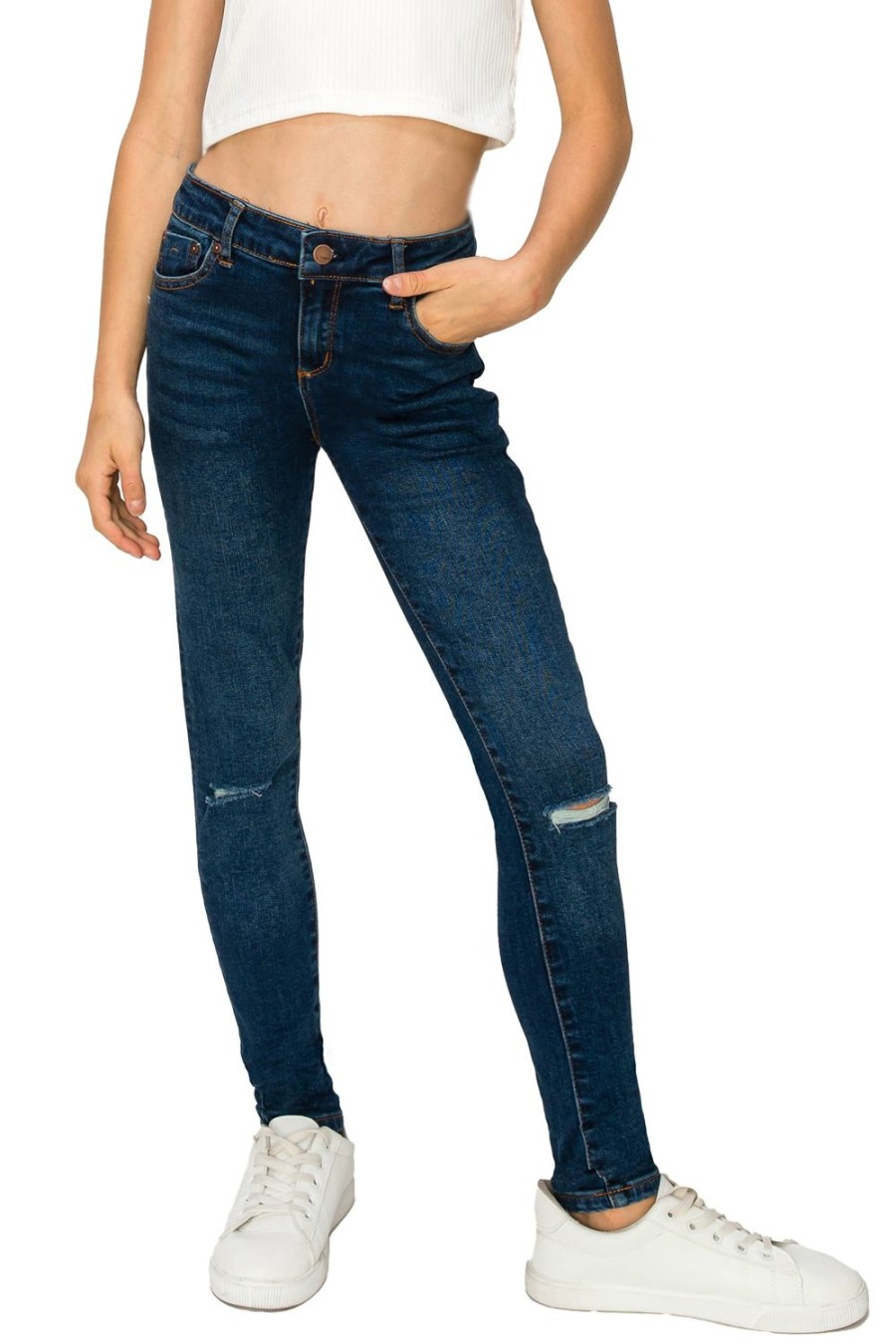 Girls Tractr Distressed | Diane - Basic Midrise Skinny With Knee Slit Indigo