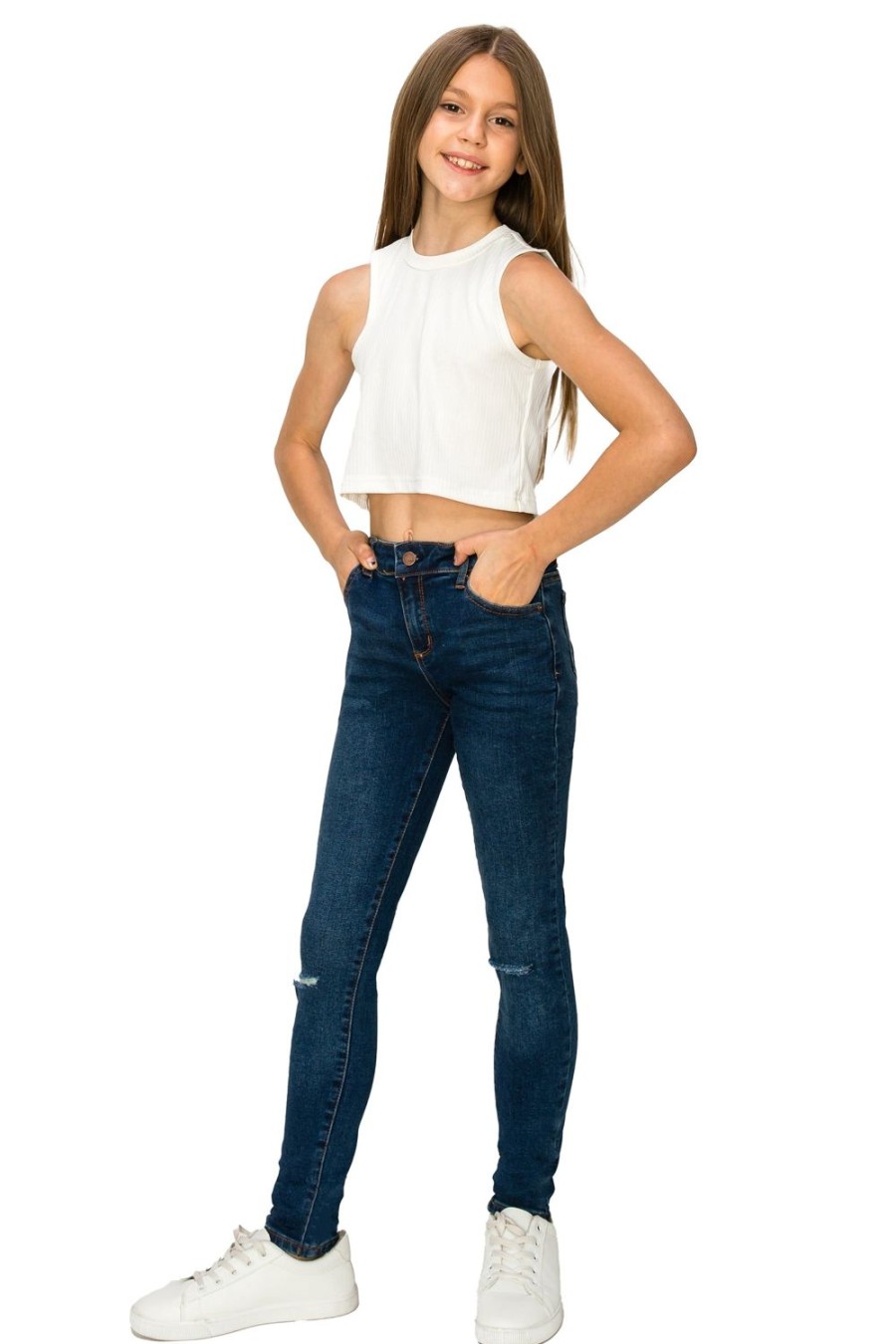 Girls Tractr Distressed | Diane - Basic Midrise Skinny With Knee Slit Indigo