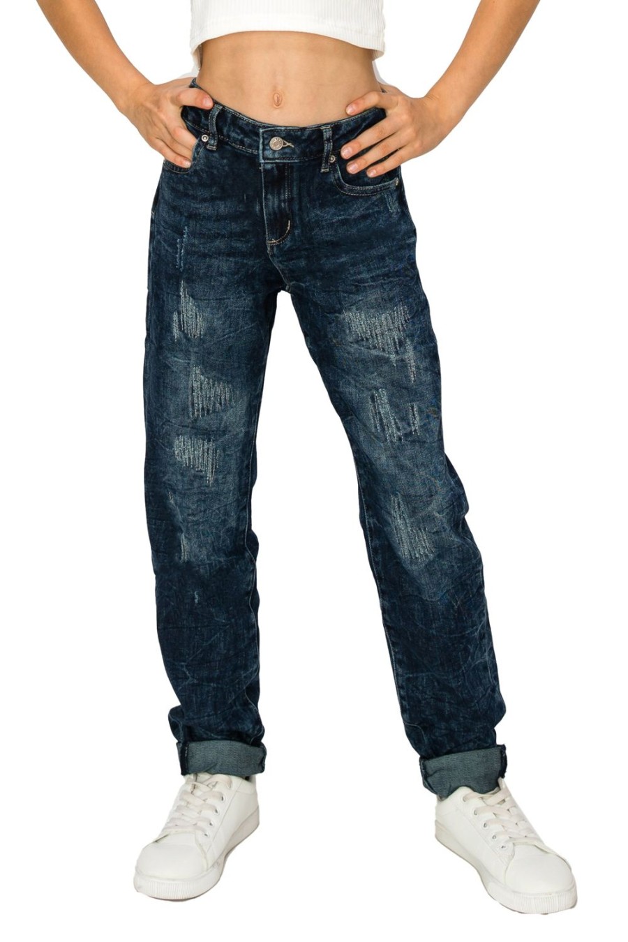 Girls Tractr Distressed | Weekender Pant With Destruction In Blue Haze