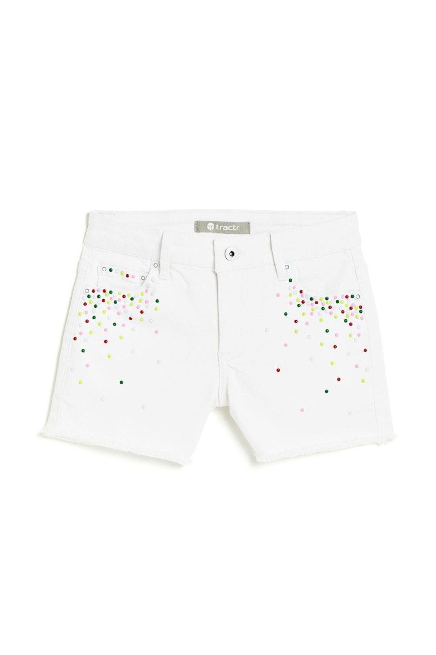 Girls Tractr Cut Off | Brittany - Colorful Confetti Studded Fray Hem Short White