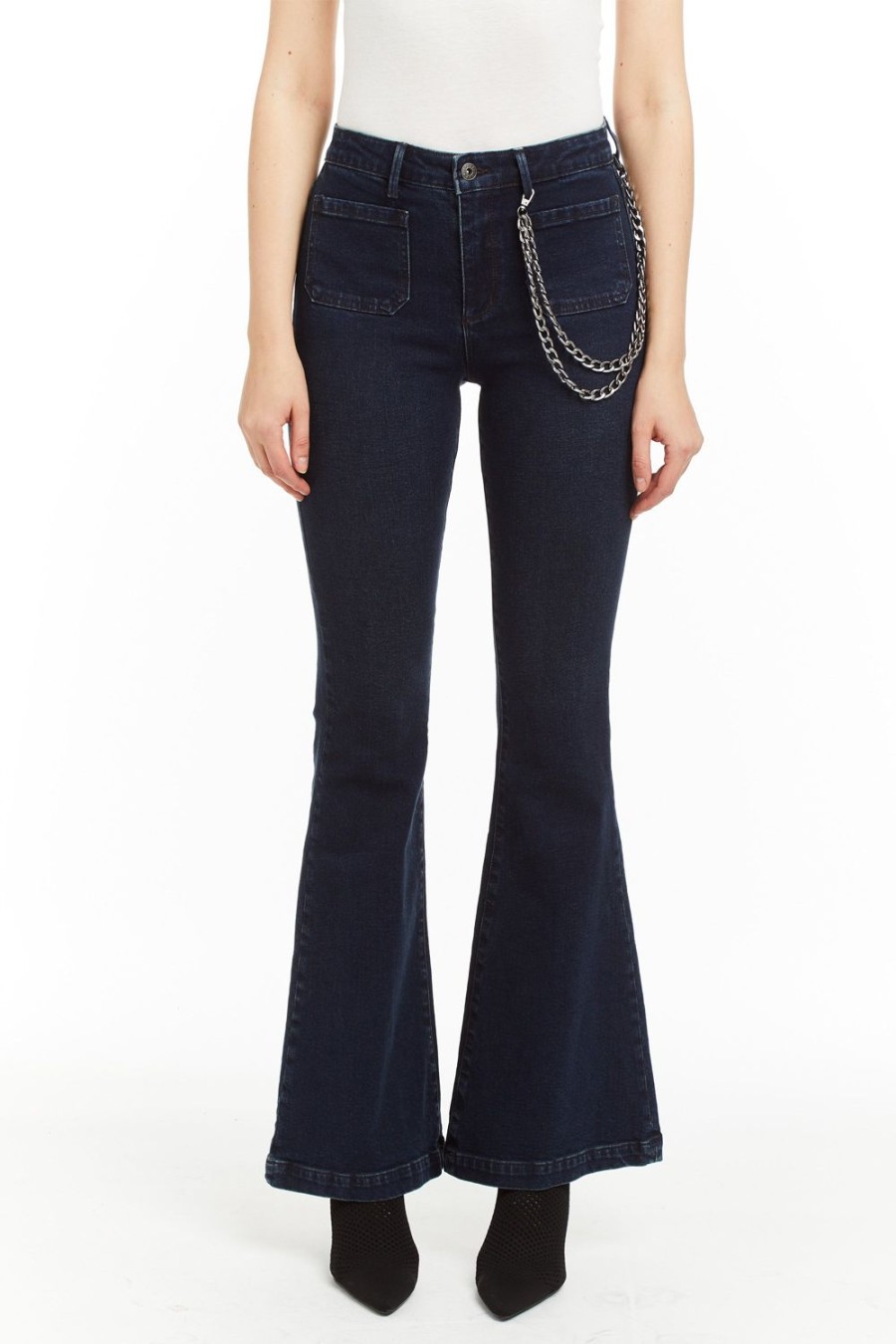 Women Tractr Flare | High Rise Flare With Removable Chain Indigo