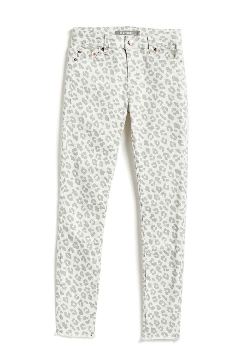 Girls Tractr Mid Rise | Diane - Leopard Print Fray Hem Skinny White/Grey