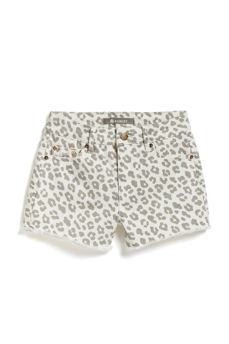 Girls Tractr Cut Off | Brittany - Leopard Print Fray Hem Shorts White/Grey