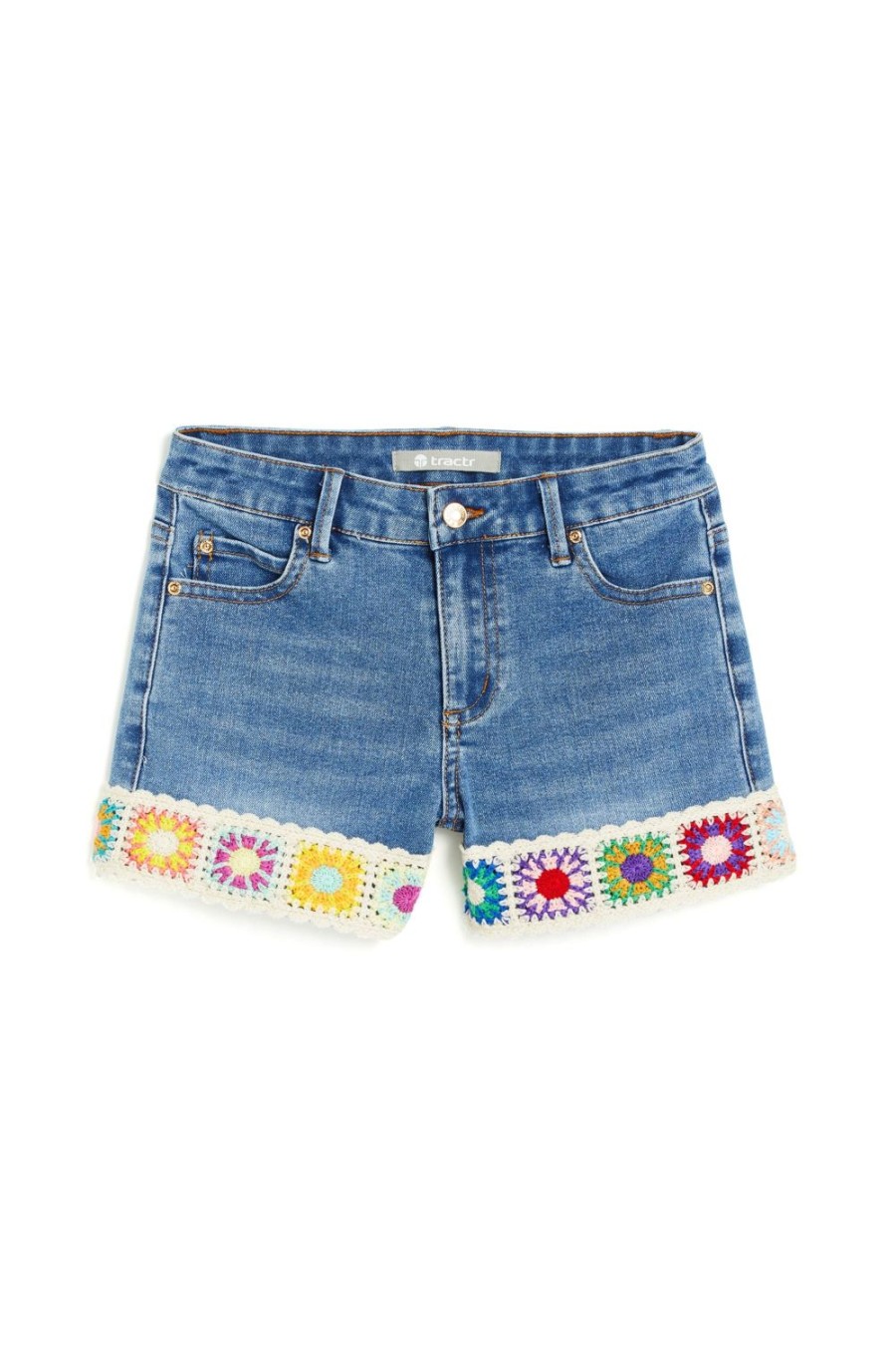 Girls Tractr Crochet | Brittany - Mid Rise Short With Crochet Panel Hem Medium Indigo