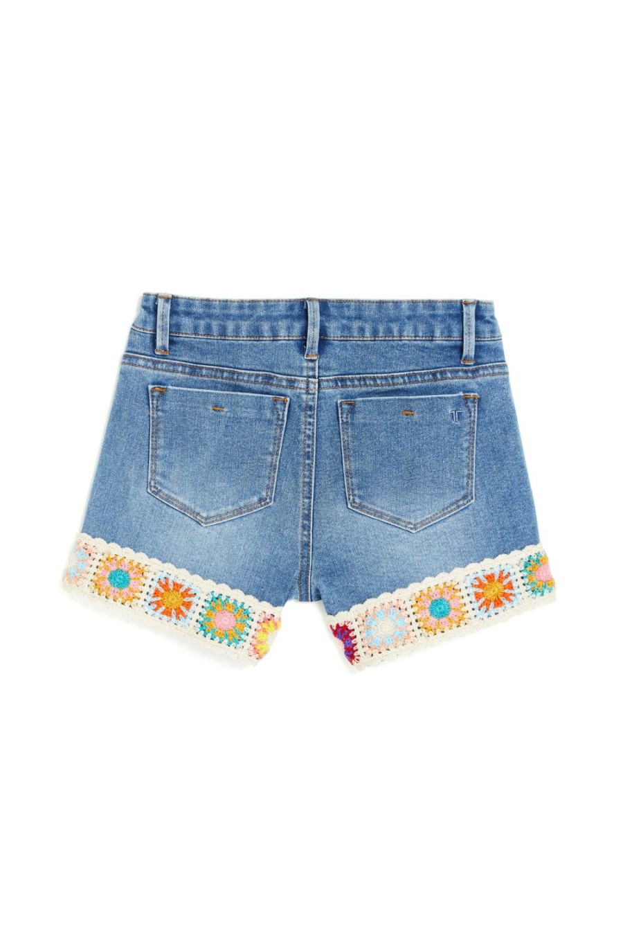 Girls Tractr Crochet | Brittany - Mid Rise Short With Crochet Panel Hem Medium Indigo